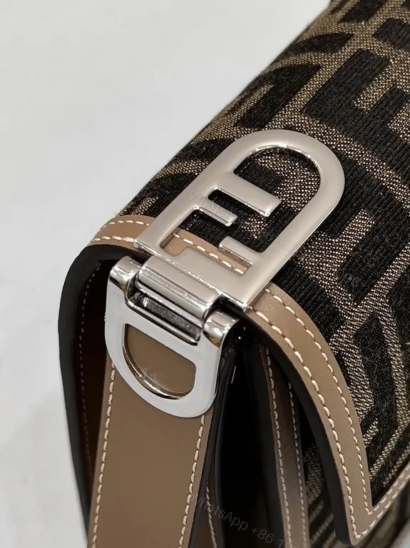 View 4 of Structured Fendi-Style Monogram Leather-Trim Shoulder Bag