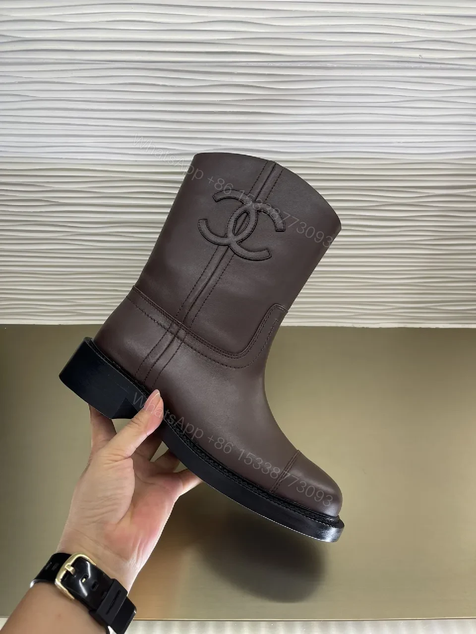 View 2 of Brown Leather Knee-High Boots with Subtle Couture Embellishment