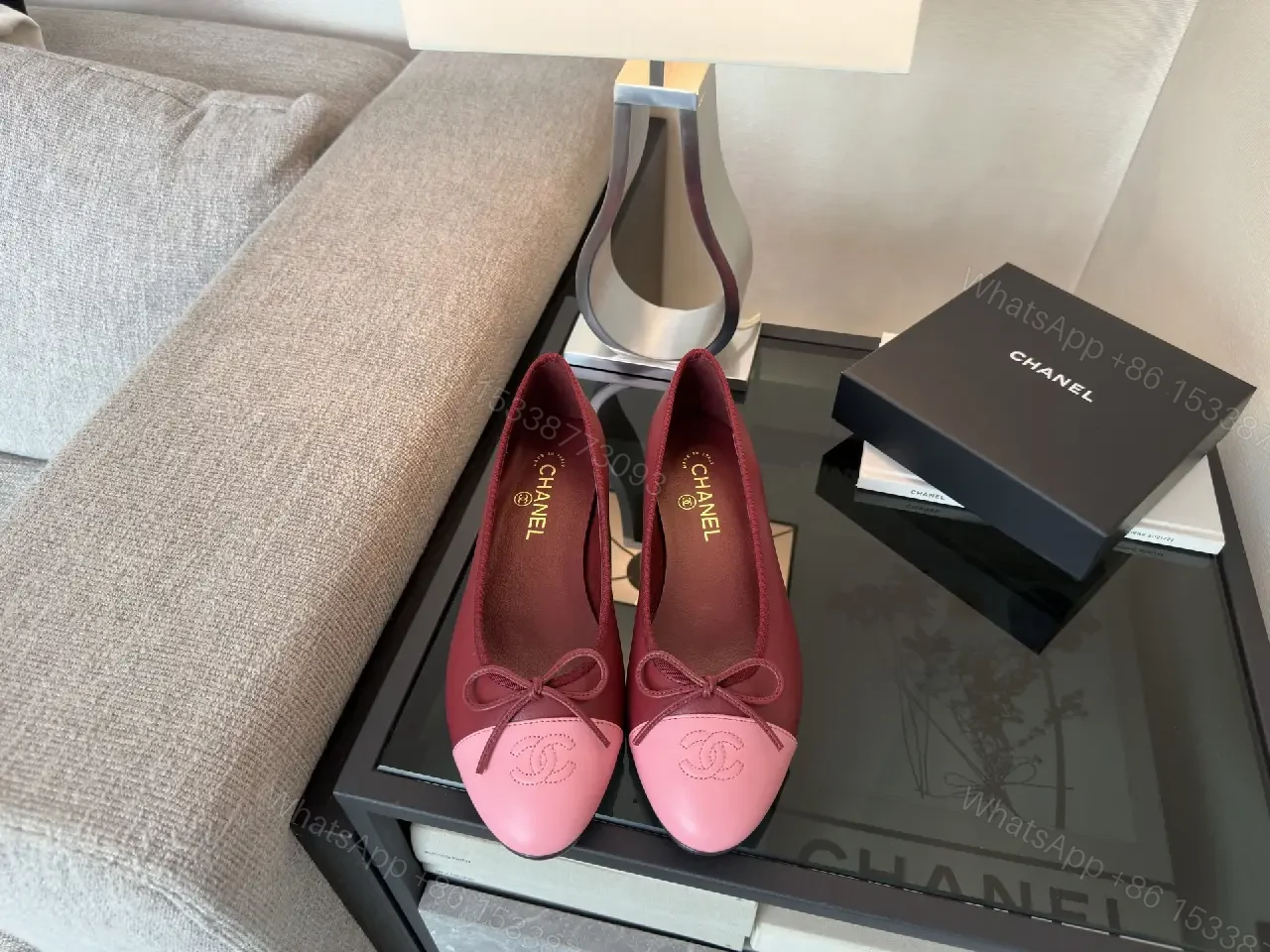 View 7 of Pink Cap Toe Bow Flats - Leather Style with Logo Embroidery, Chanel-inspired