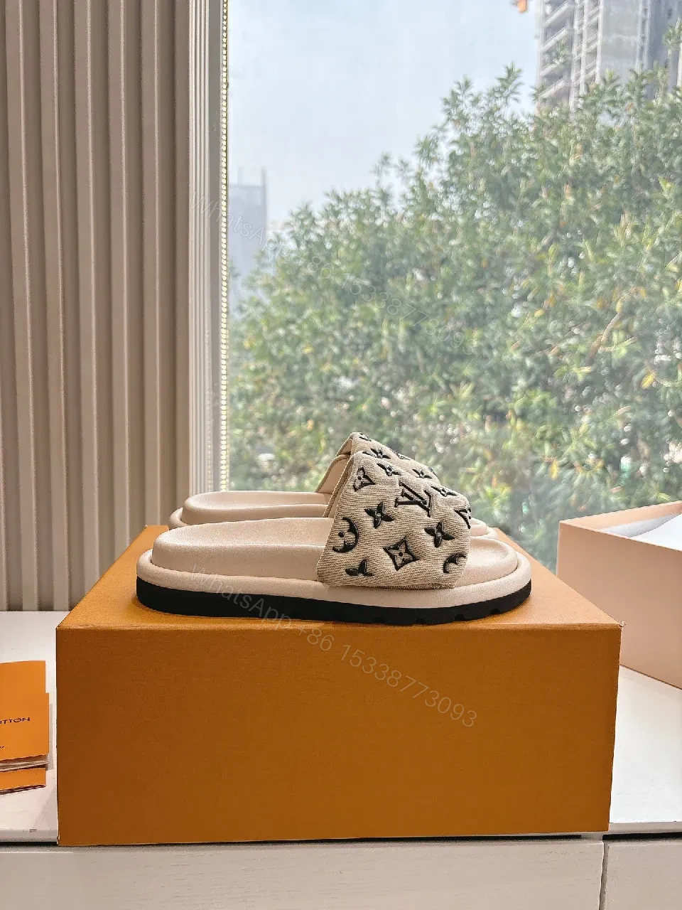 View 9 of Beige Monogram Sandals: Luxury Comfort Slip-Ons