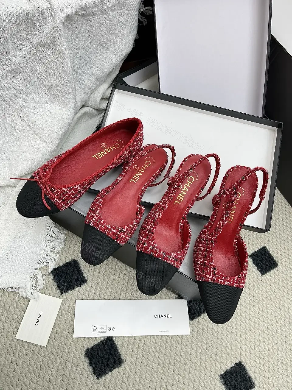 Red & Black Tweed Slingback Heels with Luxury Details — view 1