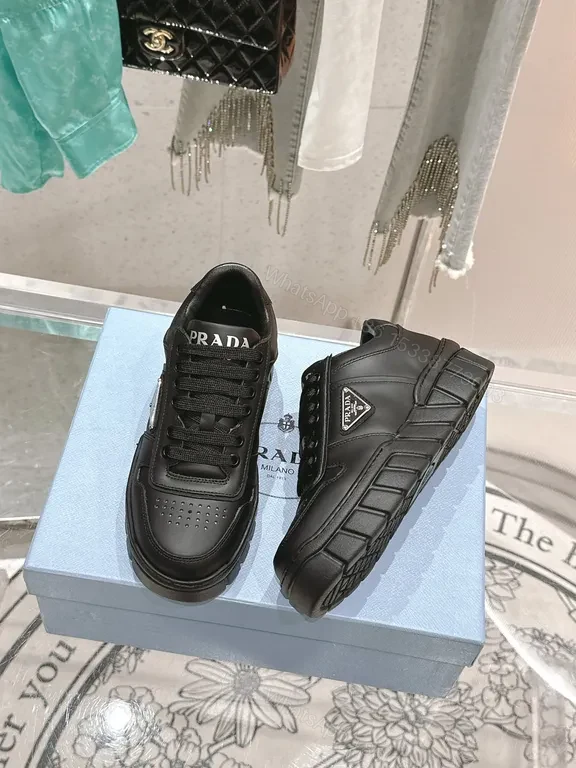 View 2 of Black Leather Lace-Up Sneakers with Prada-Inspired Logo