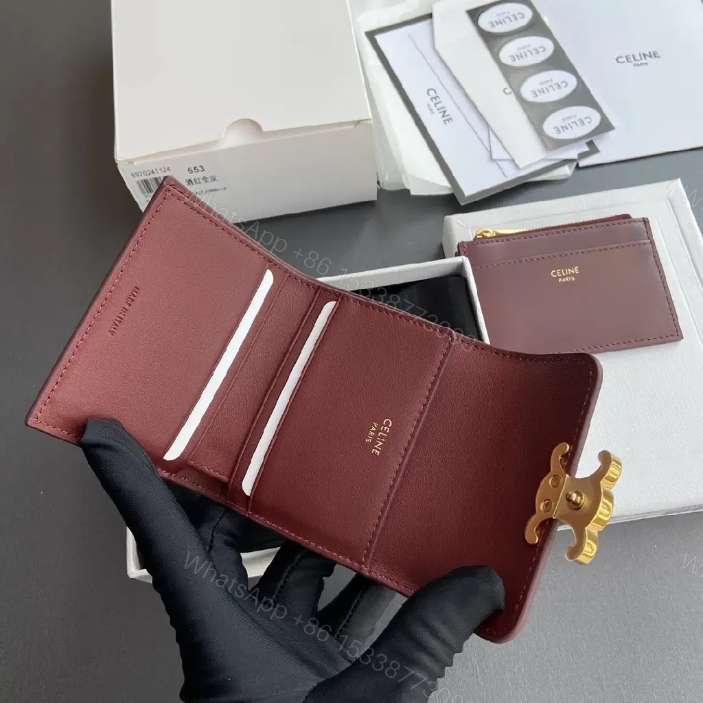 View 6 of Burgundy Leather Wallet with Gold Clasp - Compact Elegance