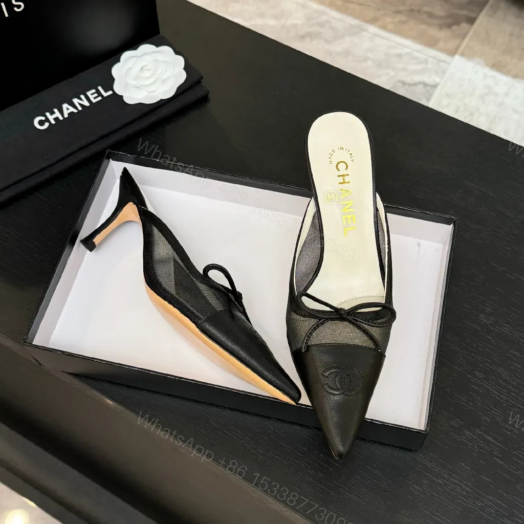 View 5 of Black Leather Mesh Mules, Pointed Toe, Kitten Heel, Luxe Style