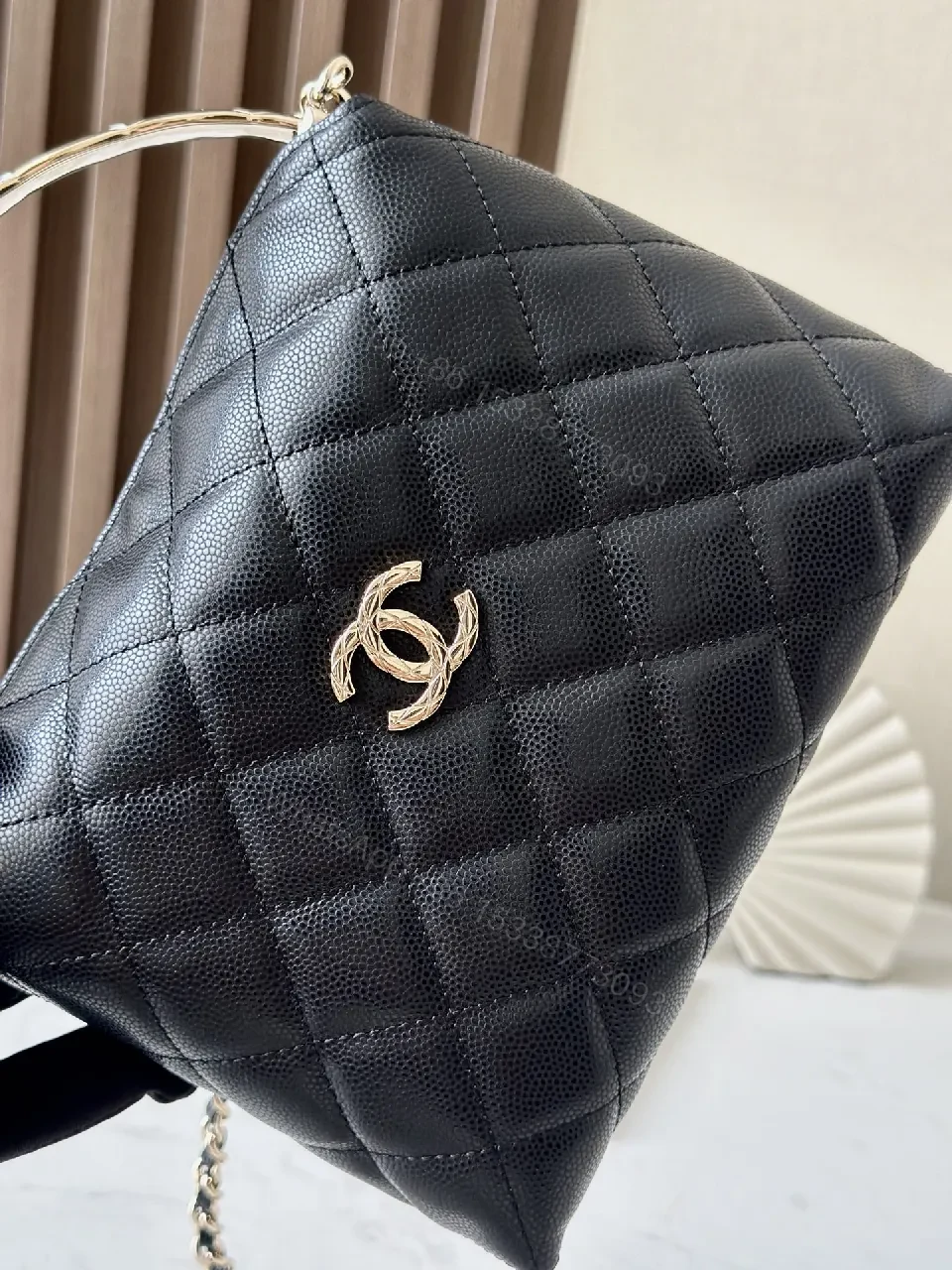 View 6 of Quilted Black Leather Bag with Gold Chain