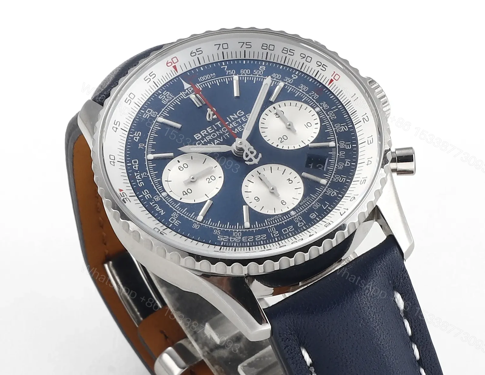 View 3 of KOR Factory Breitling Navitimer 1 B01 Chronograph – Blue Dial, Stainless Steel Case, Leather Strap