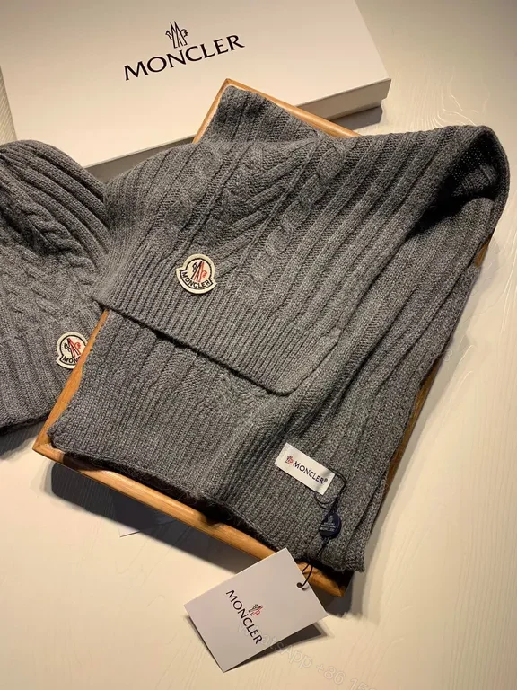 View 8 of Grey Wool-Blend Moncler Knit Beanie & Scarf Set