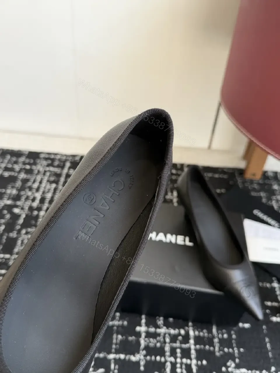 View 4 of Black Leather Pointed-Toe Pumps Chanel Logo Pumps
