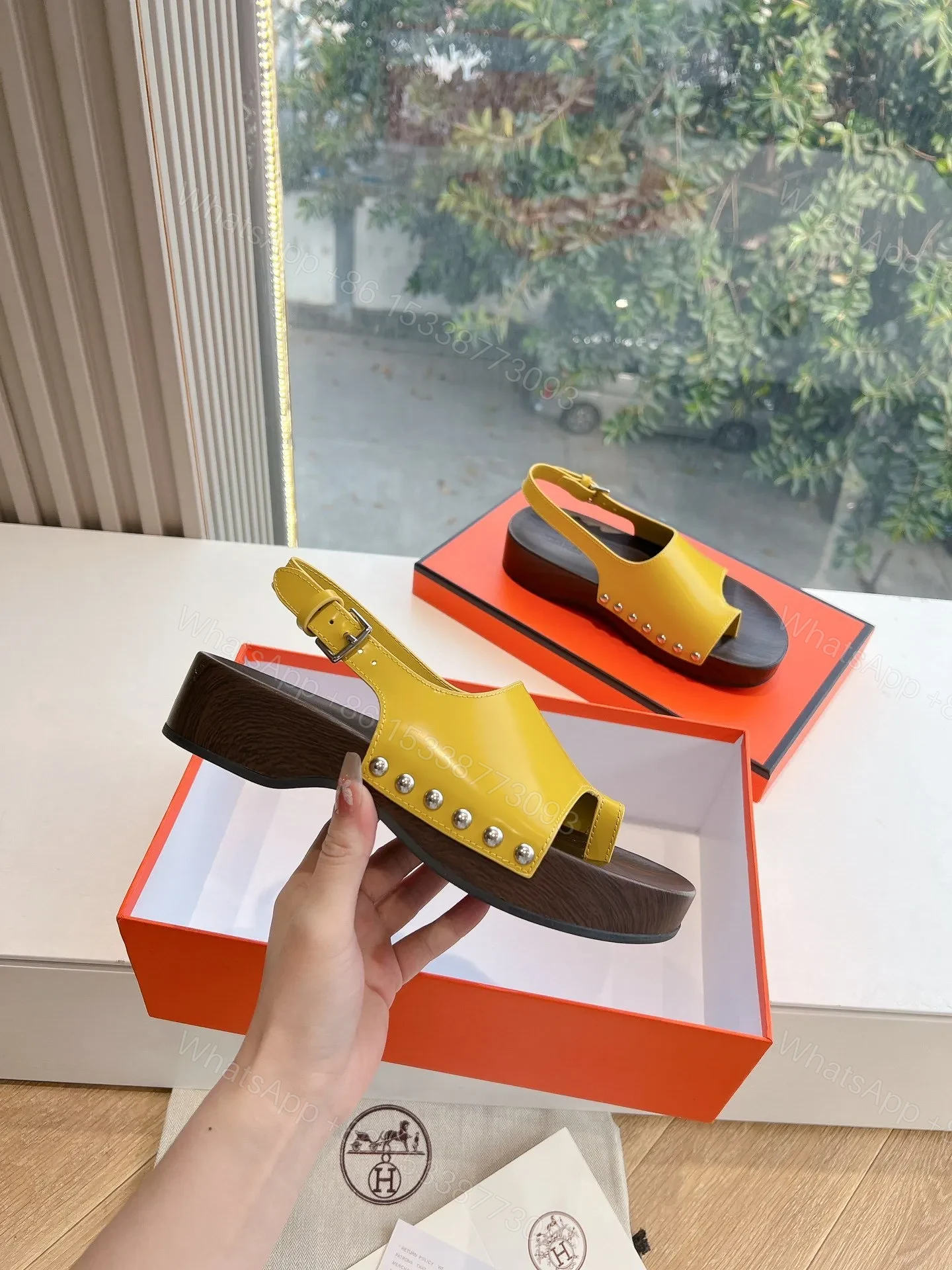 View 4 of Hermes Women Yellow Leather Sandals