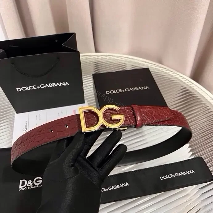 View 8 of Burgundy Crocodile-Texture Belt with Gold DG Buckle