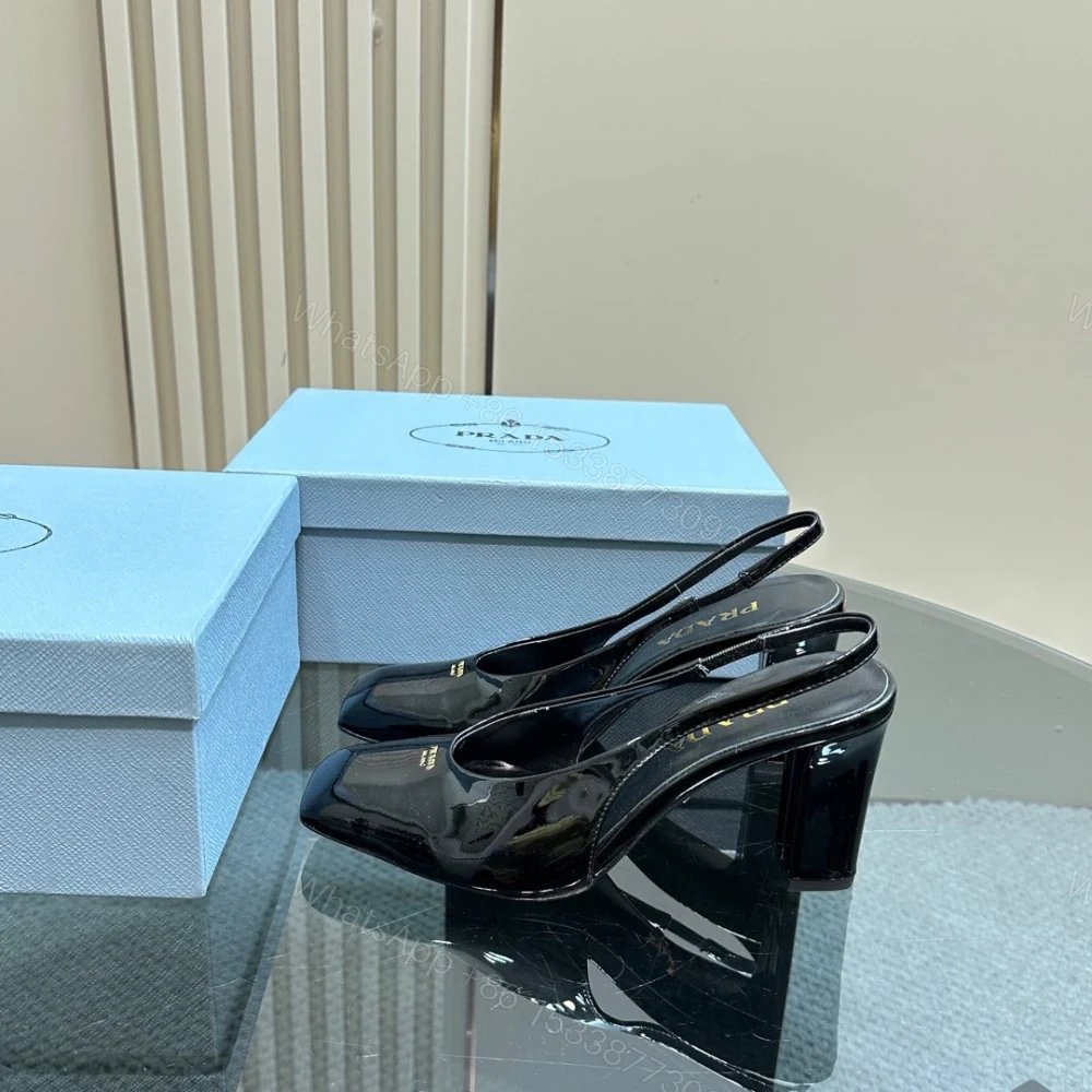 高仿Prada*1I838N方頭粗踭露跟鞋8.5CM漆皮黑色免檢版 — view 1