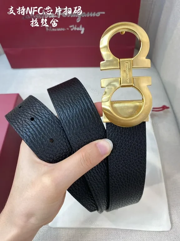 View 2 of Gancini Gold Buckle Belt â€“ Black Calfskin, 3cm, Ferragamo