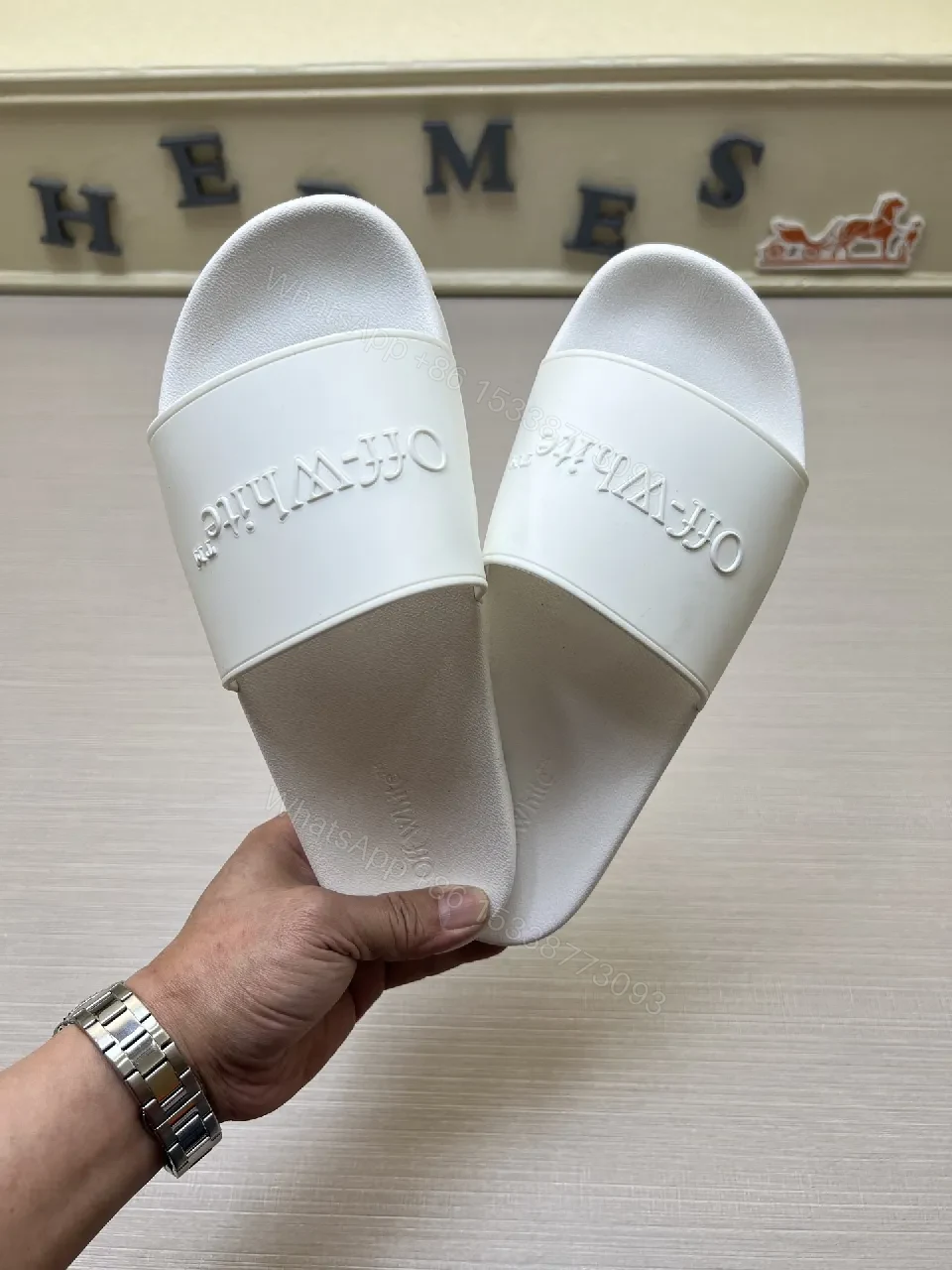 View 3 of White Leather-Feel Slides + Embossed Logo + Minimalist Luxury Sandals