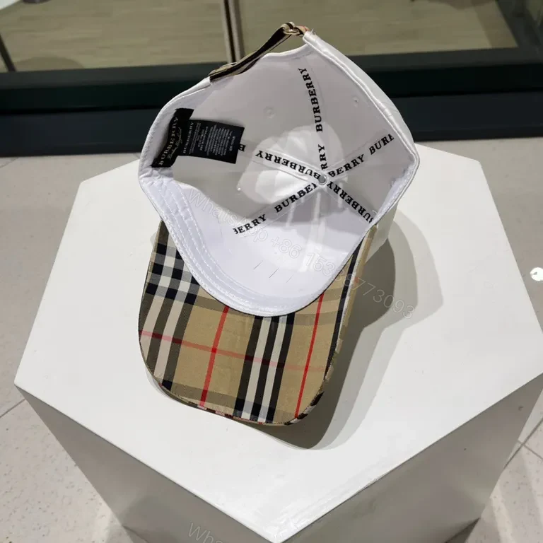 View 3 of Premium White Cap with Burberry Plaid Brim â€” Luxury Logo Cap