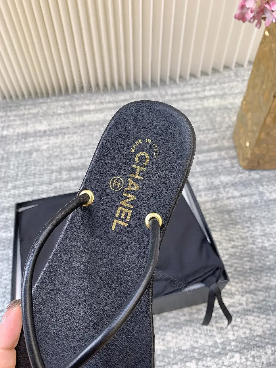View 9 of Minimalist Luxe Leather Slides with Double-C Cap Footbed