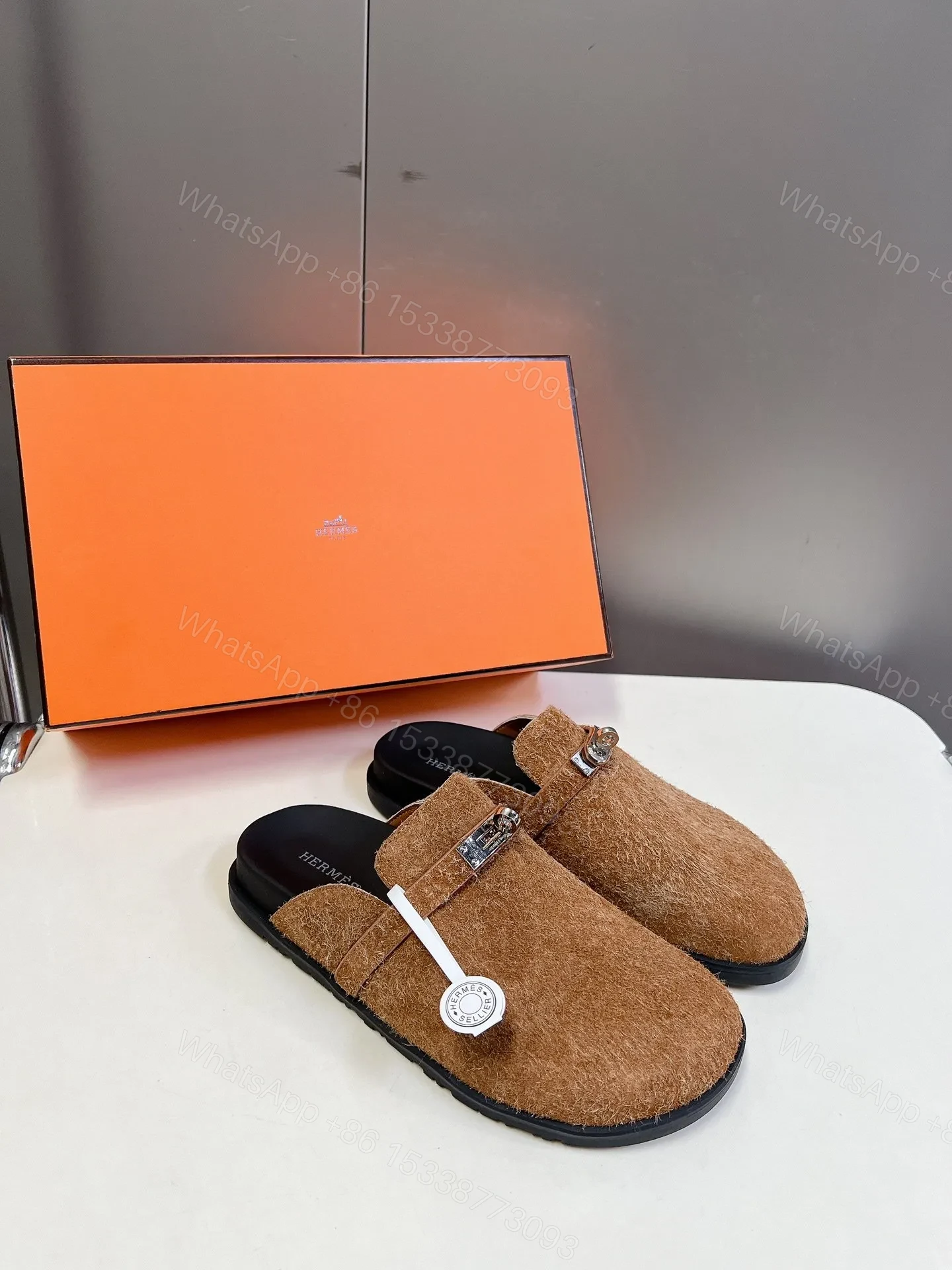 View 5 of Hermes Women Brown Haircalf Leather Slippers