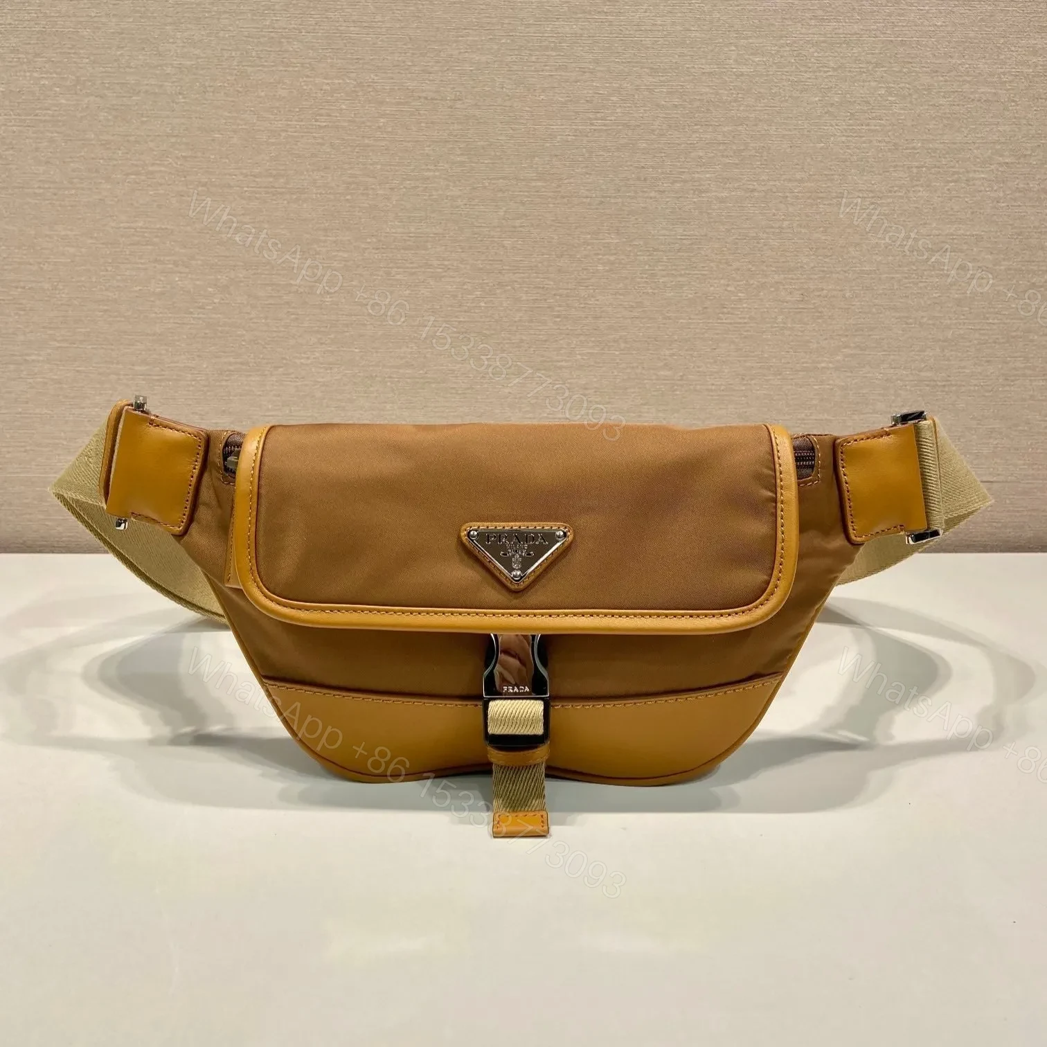 BELT BAG 18 IN SEPIA BROWN RE-NYLON AND CALFSKIN TRIM — view 1