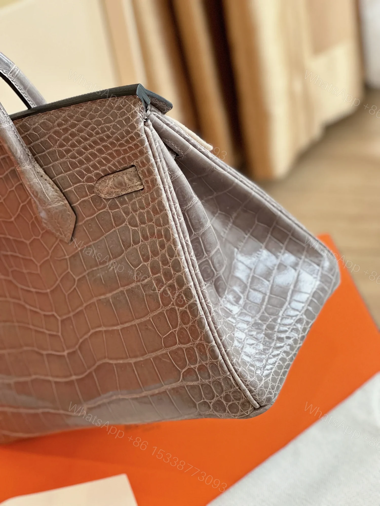 View 4 of HN Etoupe 25 Porosus Genuine Crocodile Leather Palladium Hardware