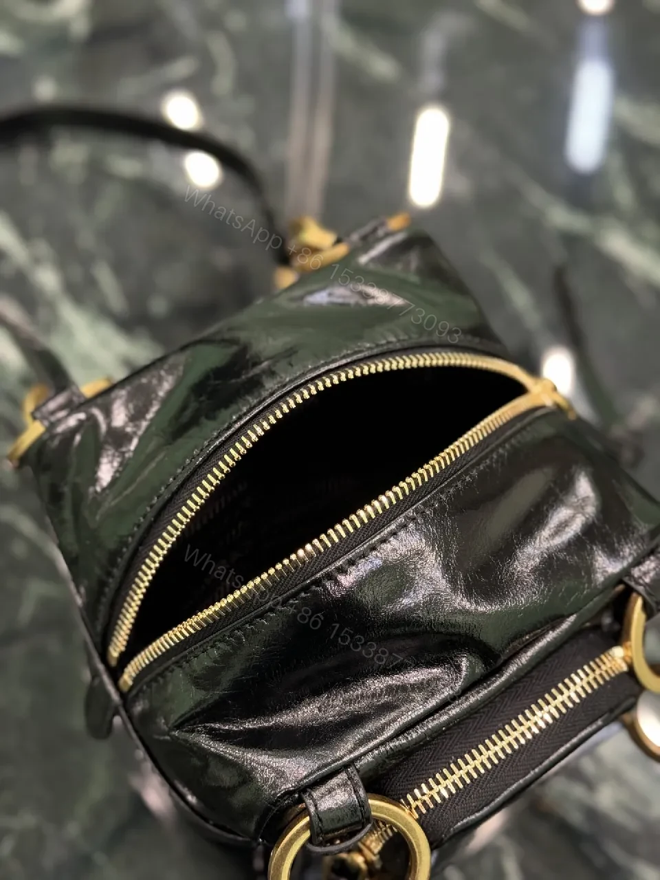View 7 of Black Leather Compact Bag with Gold Hardware, Modern Luxe, Everyday Carry