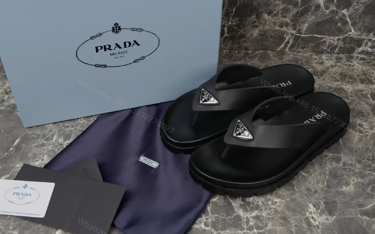 View 4 of Black Leather Flip-Flops Modern Minimalist Prada Slip-On Style Beach Footwear