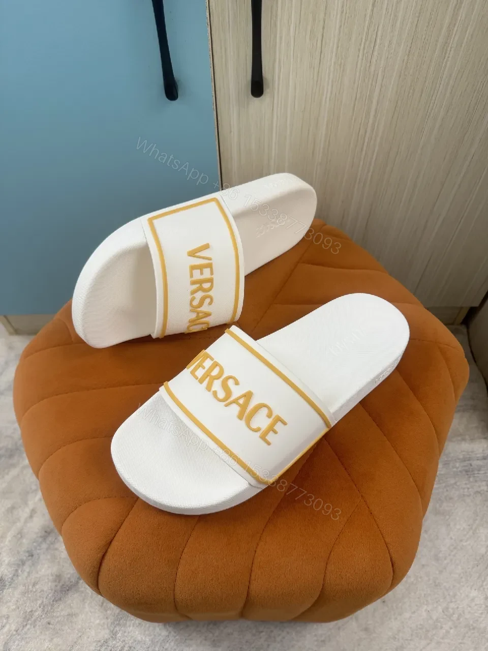 View 7 of White & Yellow Versace-Trim Slide Sandals: Luxe Comfort Sliding