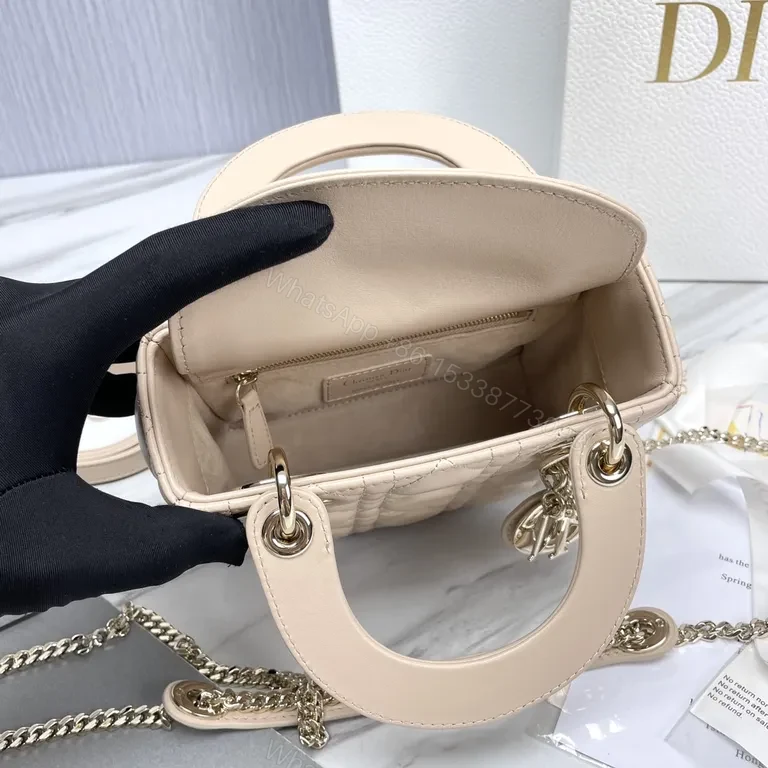 View 8 of Beige Vegan Leather Quilted Handbag with Dior Charm