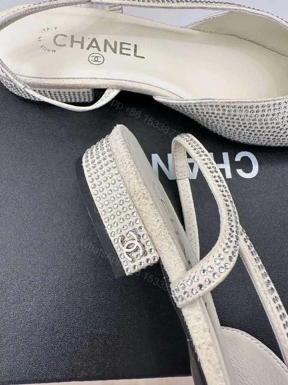 View 5 of Two-Tone Crystal Flats: Elegant Open-Back Sling Shoes