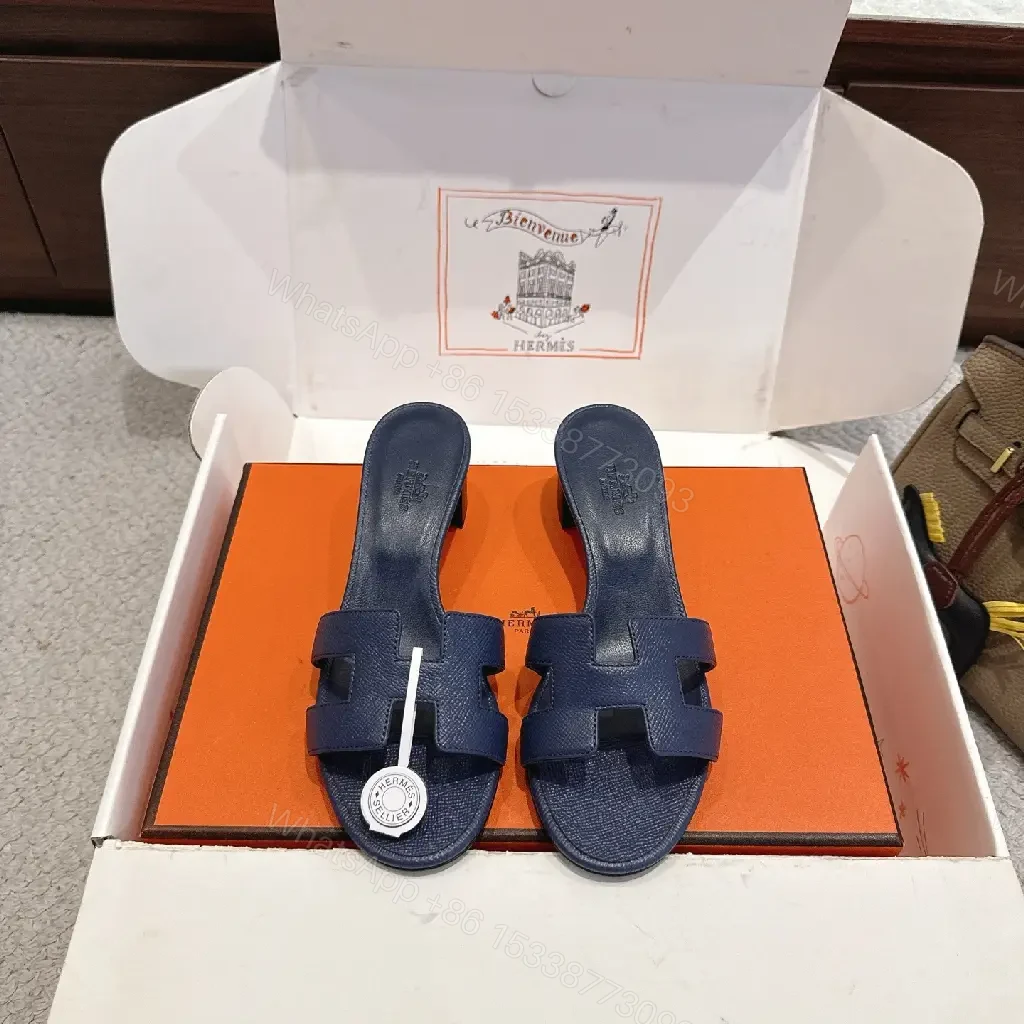 View 8 of Navy Leather Hermès-Inspired Sandals Blue Slide Sandals