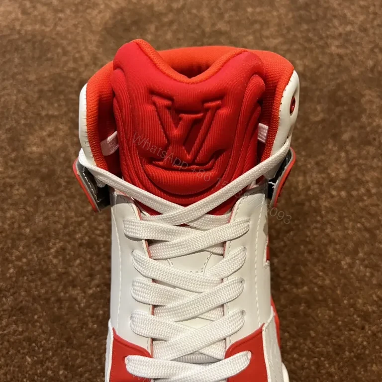 View 3 of Statement LV-Inspired White-Red Leather High-Tops, Designer-Edge Sneakers