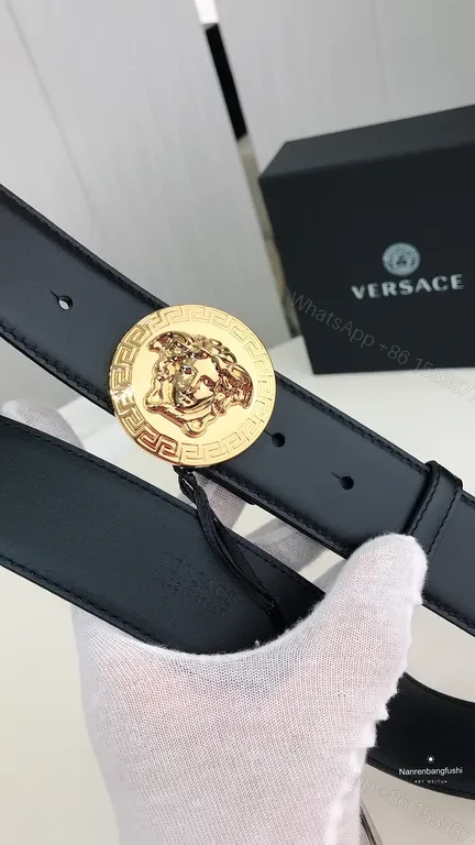 View 9 of Bold Black Leather Belt with Gold Medusa Buckle - Versace-Inspired Luxury