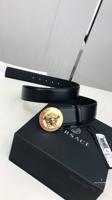 View 7 of Bold Black Leather Belt with Gold Medusa Buckle - Versace-Inspired Luxury
