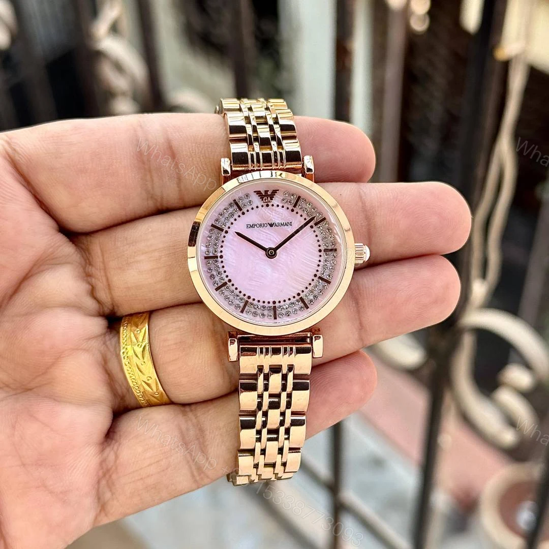 First Copy Emporio Armani Rose Gold Pink Dial Diamond Bezel Women’s Analog Watch — view 1