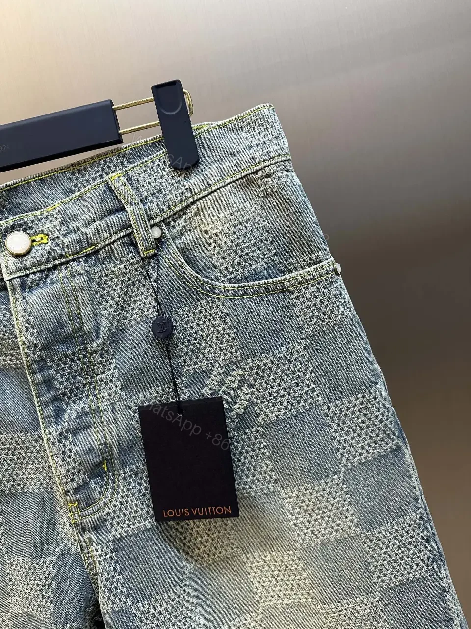View 10 of Gray Denim Checkerboard Shorts Tailored Slim Style Louis Vuitton Tag