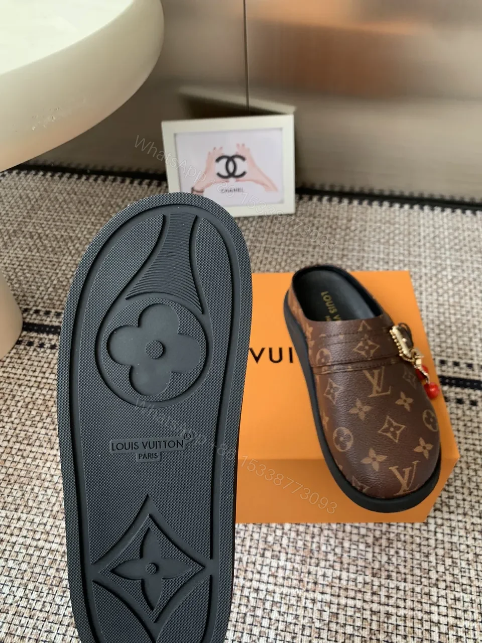 View 5 of Brown Monogram-Canvas Loafers with Gold Hardware, Slip-On Comfort