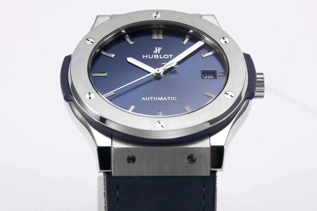View 3 of Hublot Classic Fusion Blue Dial Automatic Watch with Titanium Case and Leather Strap