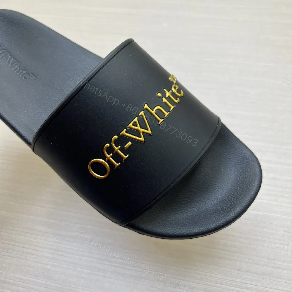 View 5 of Chic Faux-Leather Slide Sandals with Gold Logo Comfort