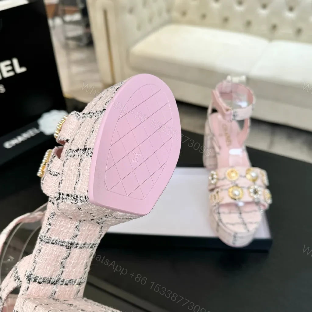 View 8 of Chanel-Inspired Pink Tweed Slingback Heels with Embellished Straps