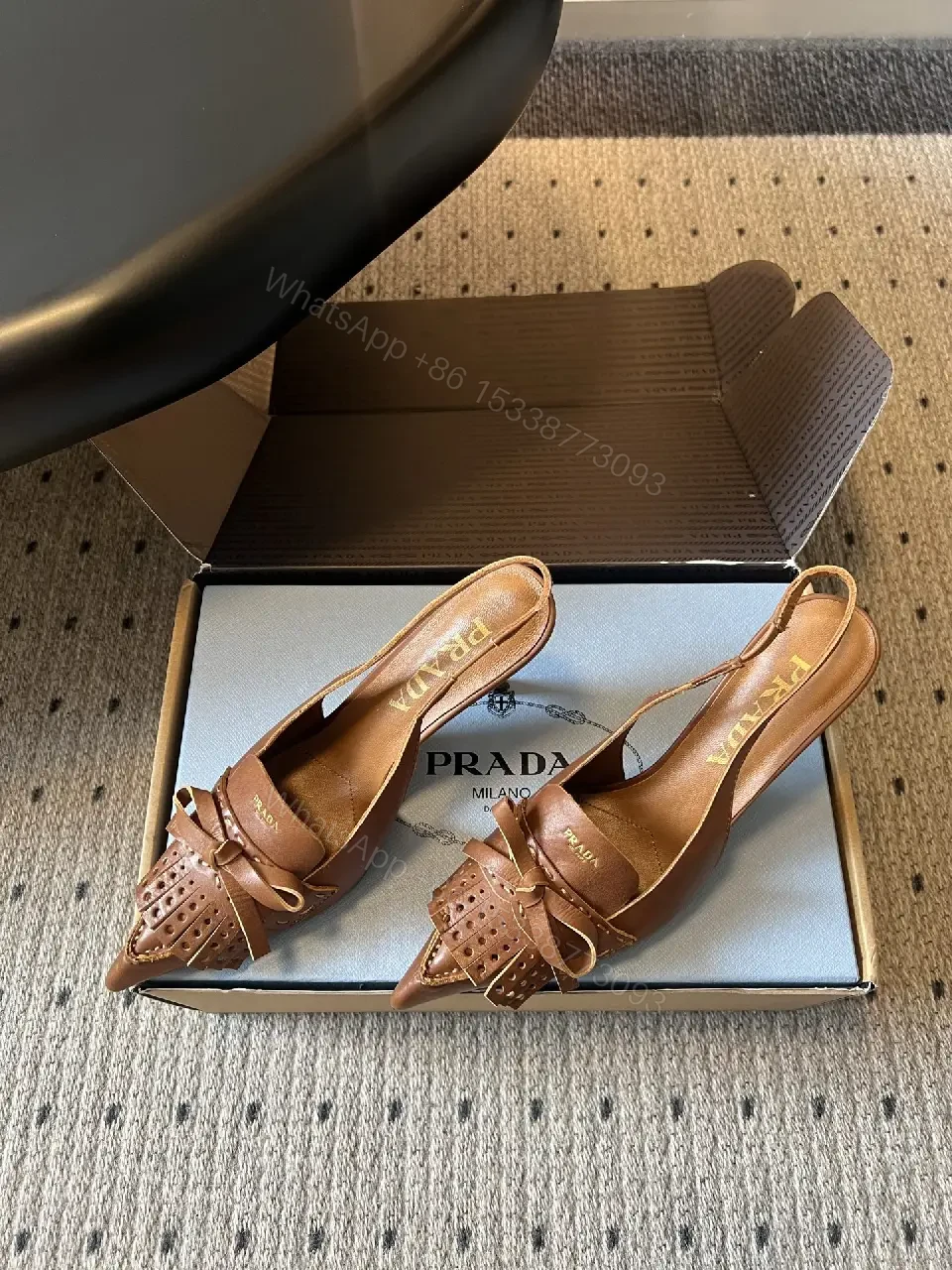 View 7 of Brown Leather Slingback Sandals Classic Style Open-Toe Prada Box Pair