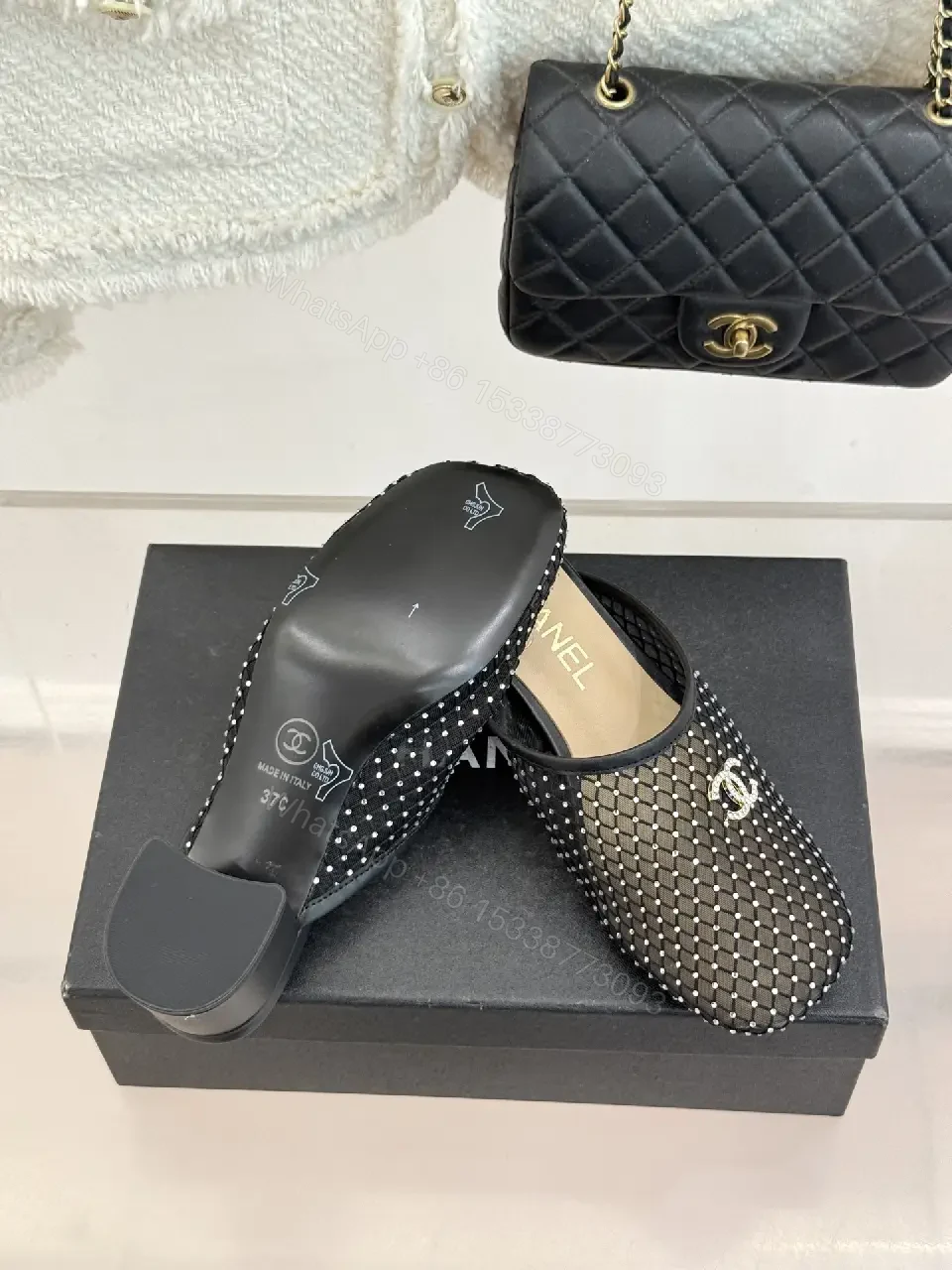 View 7 of Black Mesh Studded Mules Chanel Style Slippers