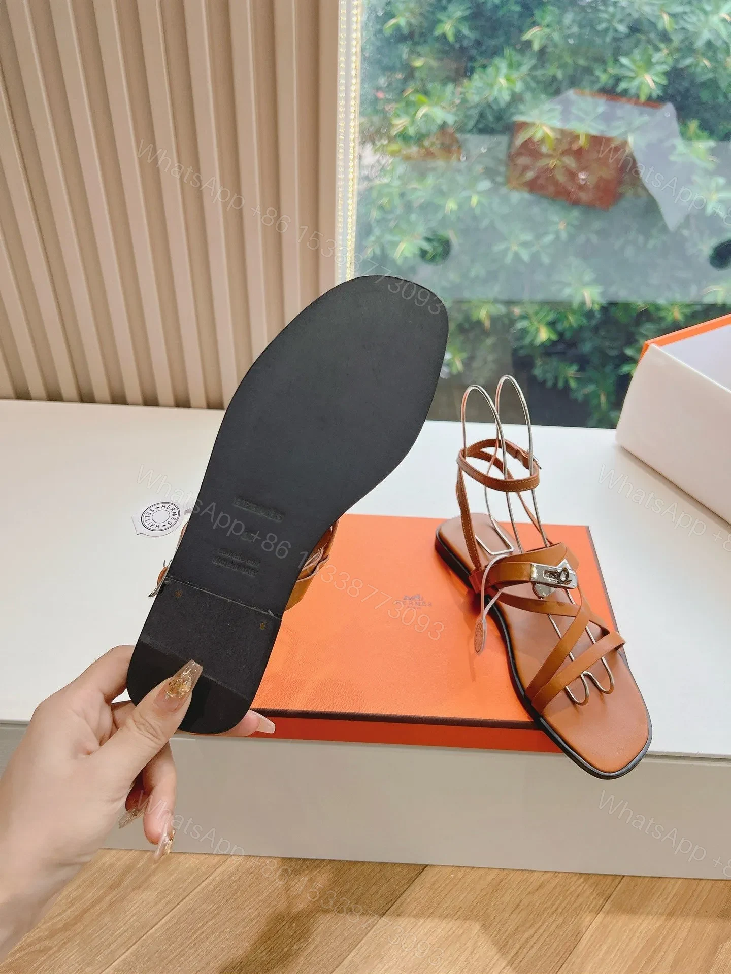View 2 of Hermes Women Tan Leather Strappy Sandals