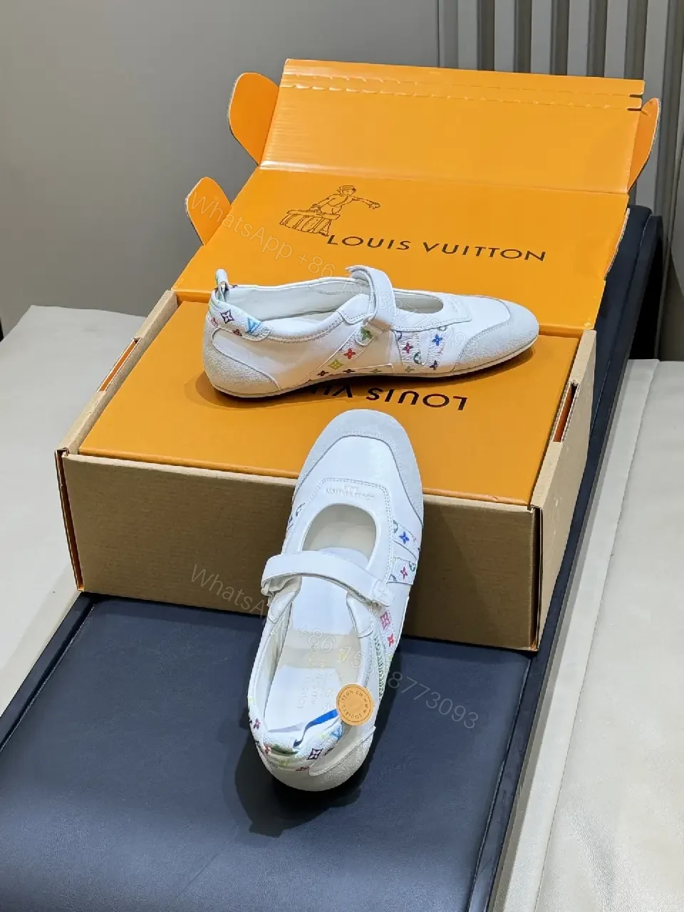 View 4 of White Knit Sneakers - Multicolor LV-Inspired, Cushioned Comfort