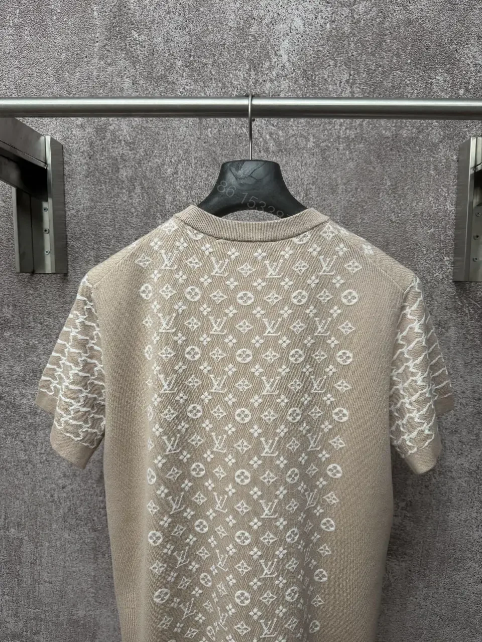 View 9 of Beige Monogram Knit Tee: Subtle Luxury Shirt