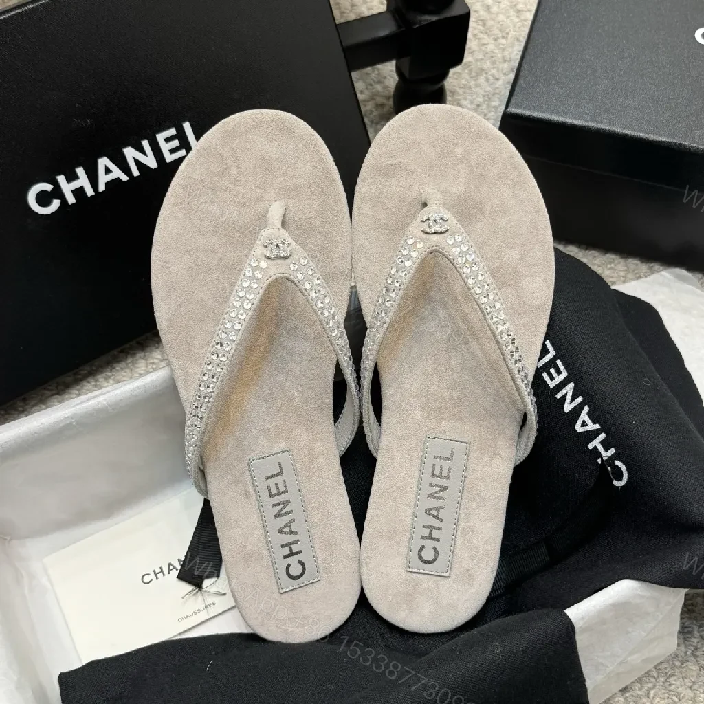 View 2 of Sand Beige Crystal-Embellished Chanel-Style Flip-Flops - All-Day Glam
