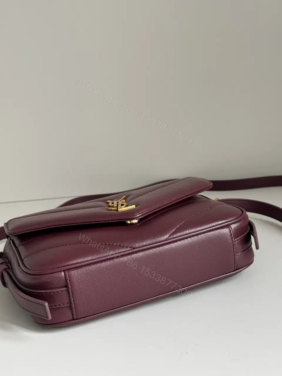 View 3 of Quilted Leather Crossbody Bag: Burgundy, Gold-Tone, Chic Evening