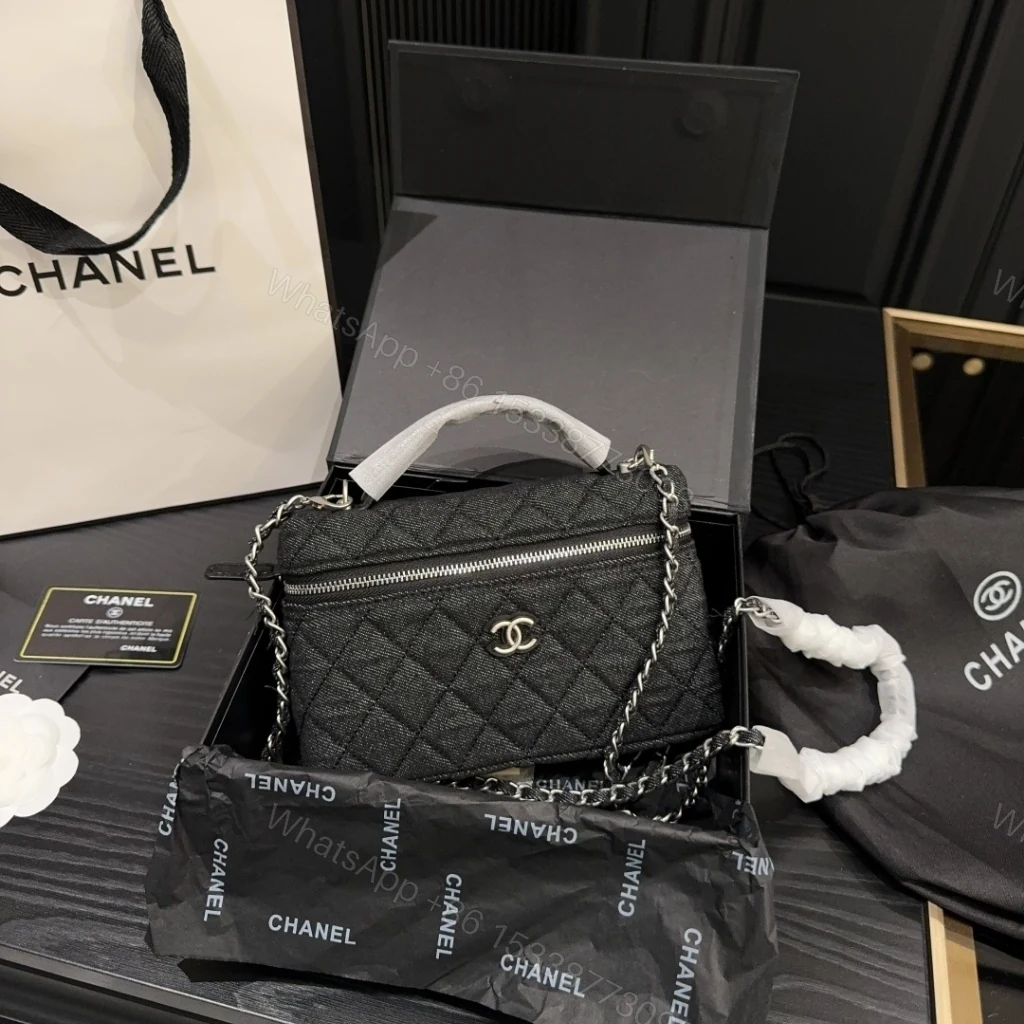 View 2 of Chanel Classic Vanity With Chain Silver Tone Denim Black 19cm