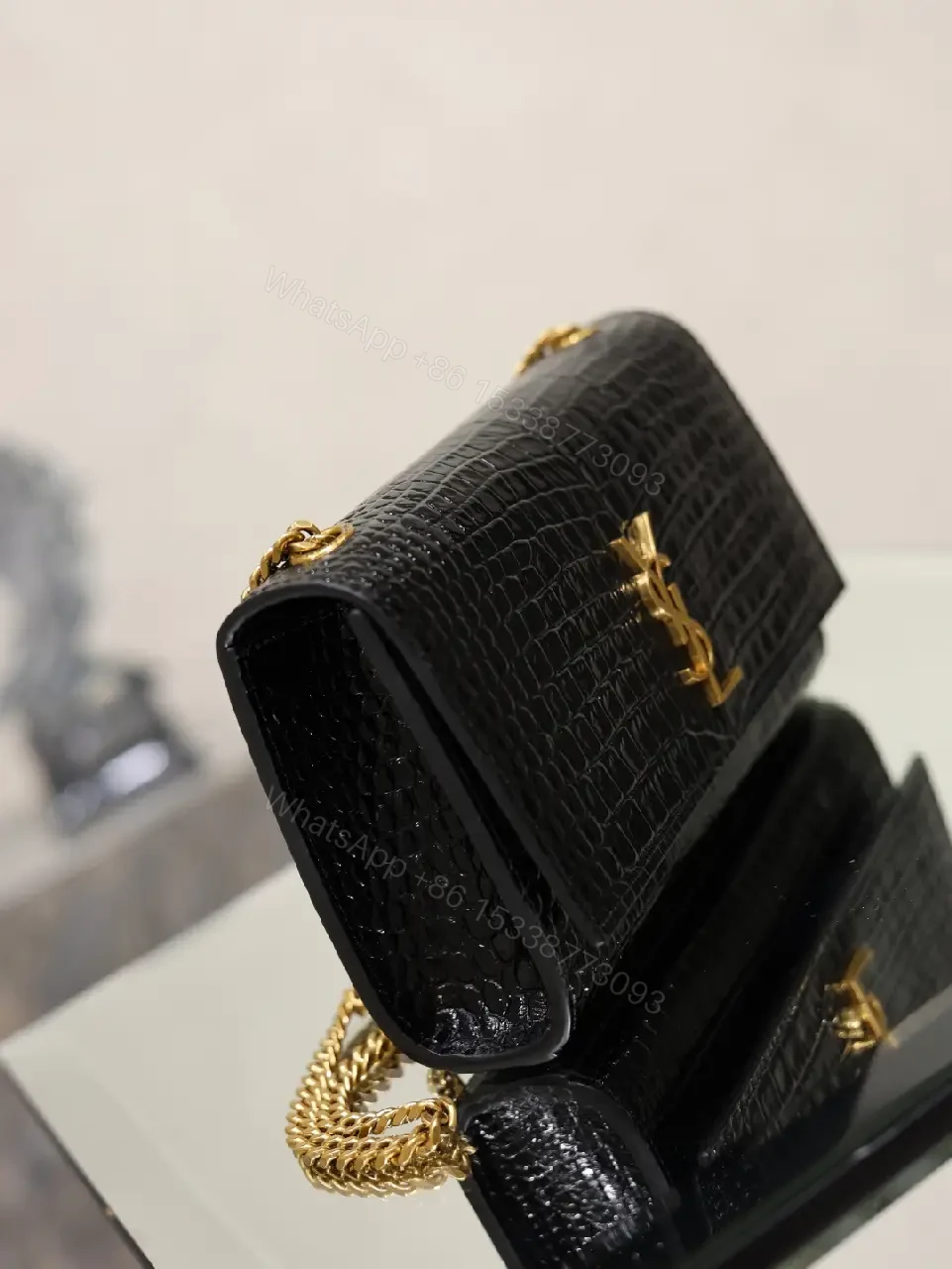 View 7 of Black Crocodile-Embossed Leather Mini Shoulder Bag with Gold YSL Logo