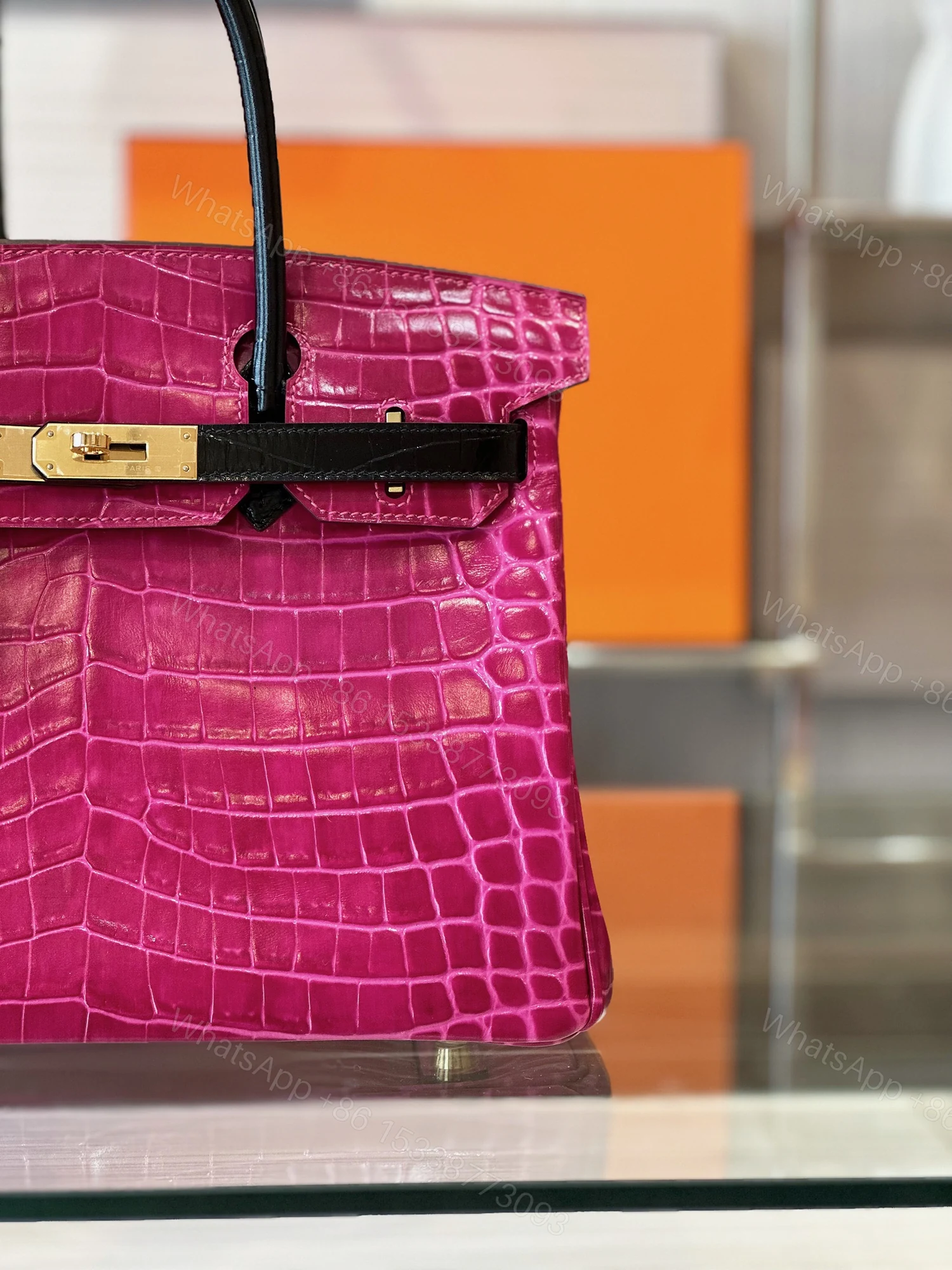 View 6 of Hermes Birkin Pink/Black Genuine Crocodile Leather Gold Hardware – Custom Made