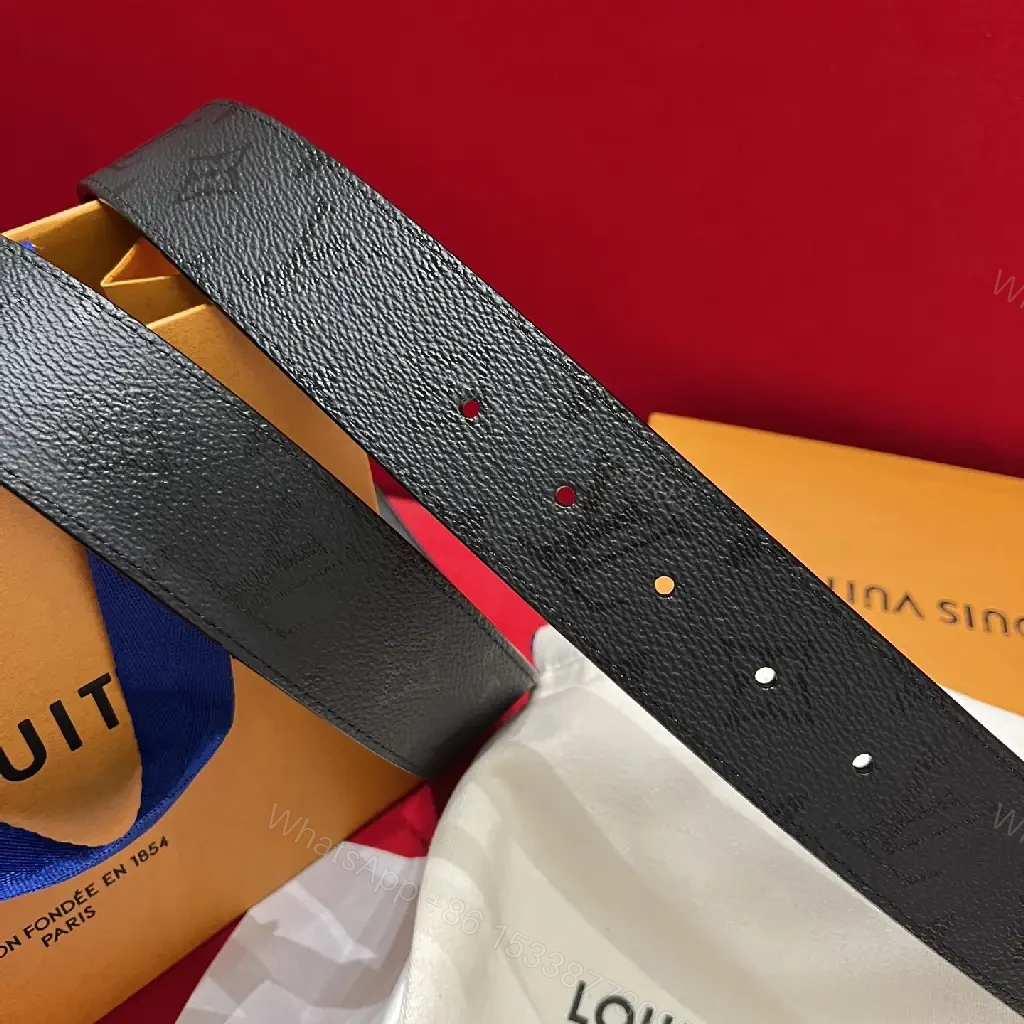 View 7 of Black Leather Belt Sleek Modern Pebbled Texture LV Buckle Belt
