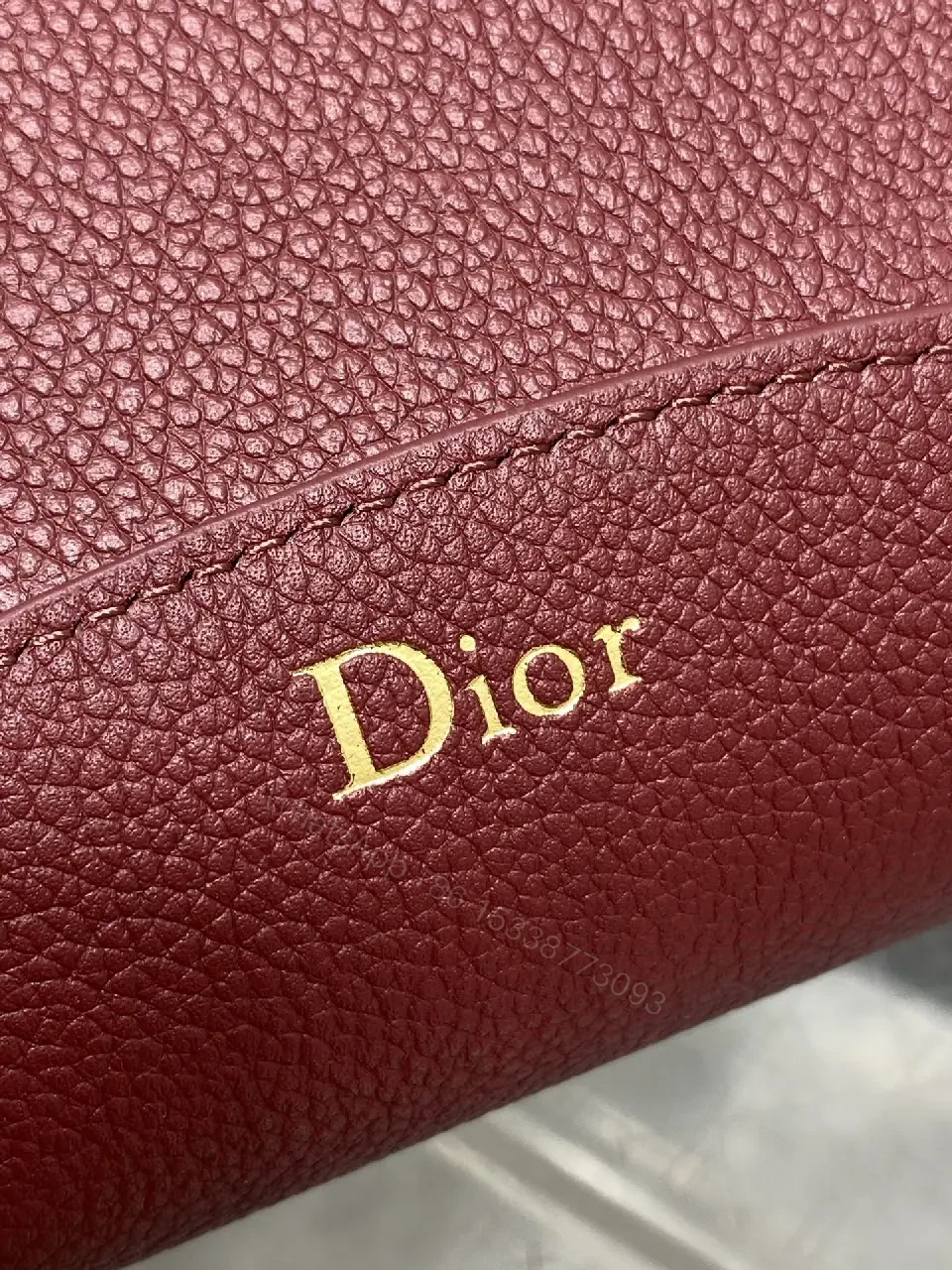 View 3 of Burgundy Pebbled Leather Handbag, Gold Hardware, Dior Monogram Detachable Cardholder Strap