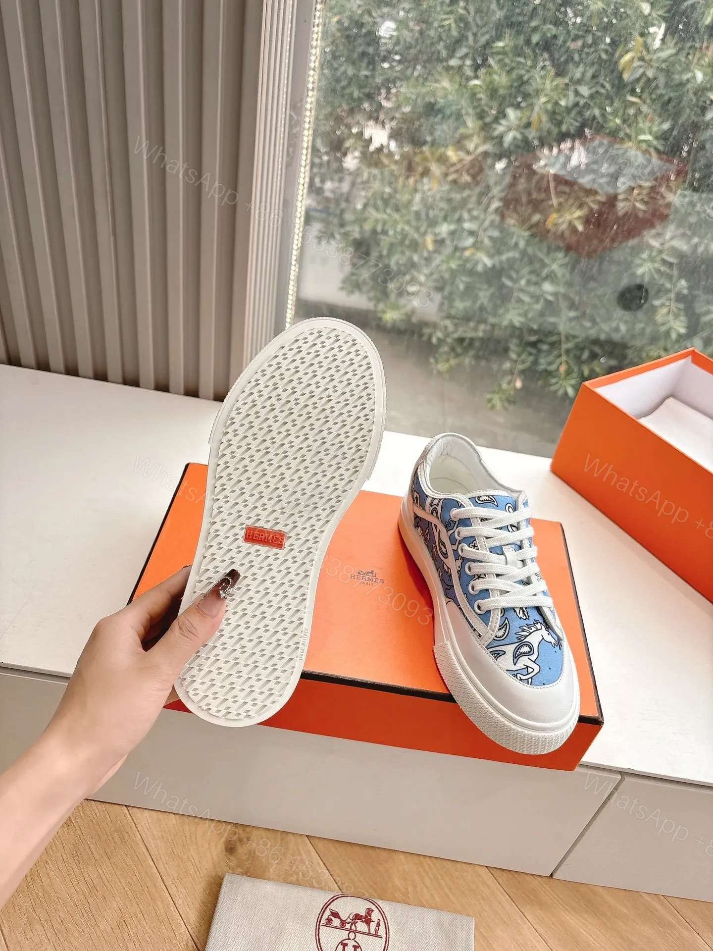 View 2 of Hermes Women Light Blue Canvas And White Sneakers